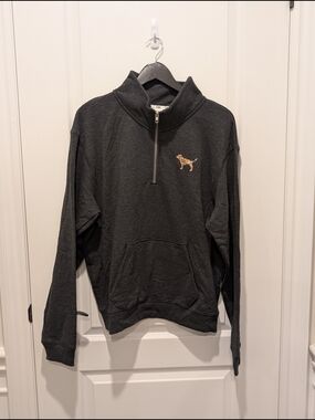PINK Victoria Secret Dark Gray Quarter-Zip Sweatshirt with sequins Embroidery.